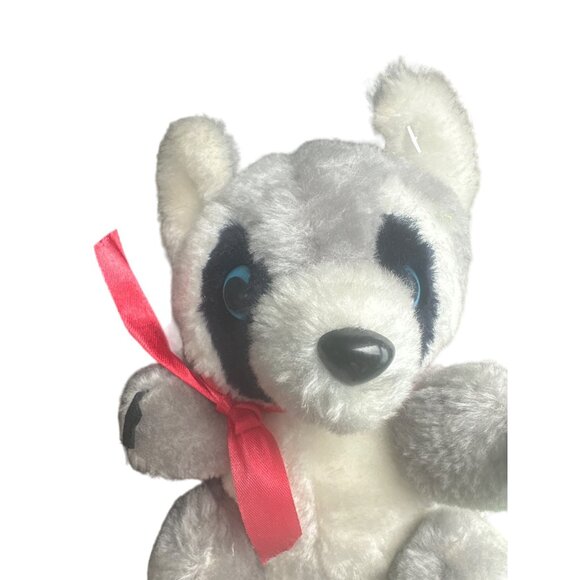 Vintage Acme Premium Supply Corp Raccoon Plush Toy Gray & Black Red Ribbon Made - Picture 2 of 7